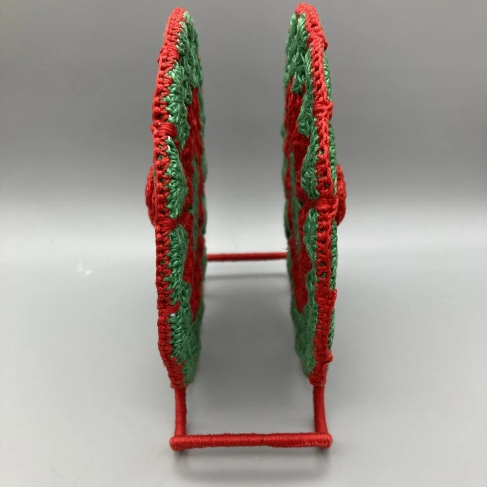 Vintage Crocheted Napkin Holder: Red And Green Metal Frame Round Floral Pattern